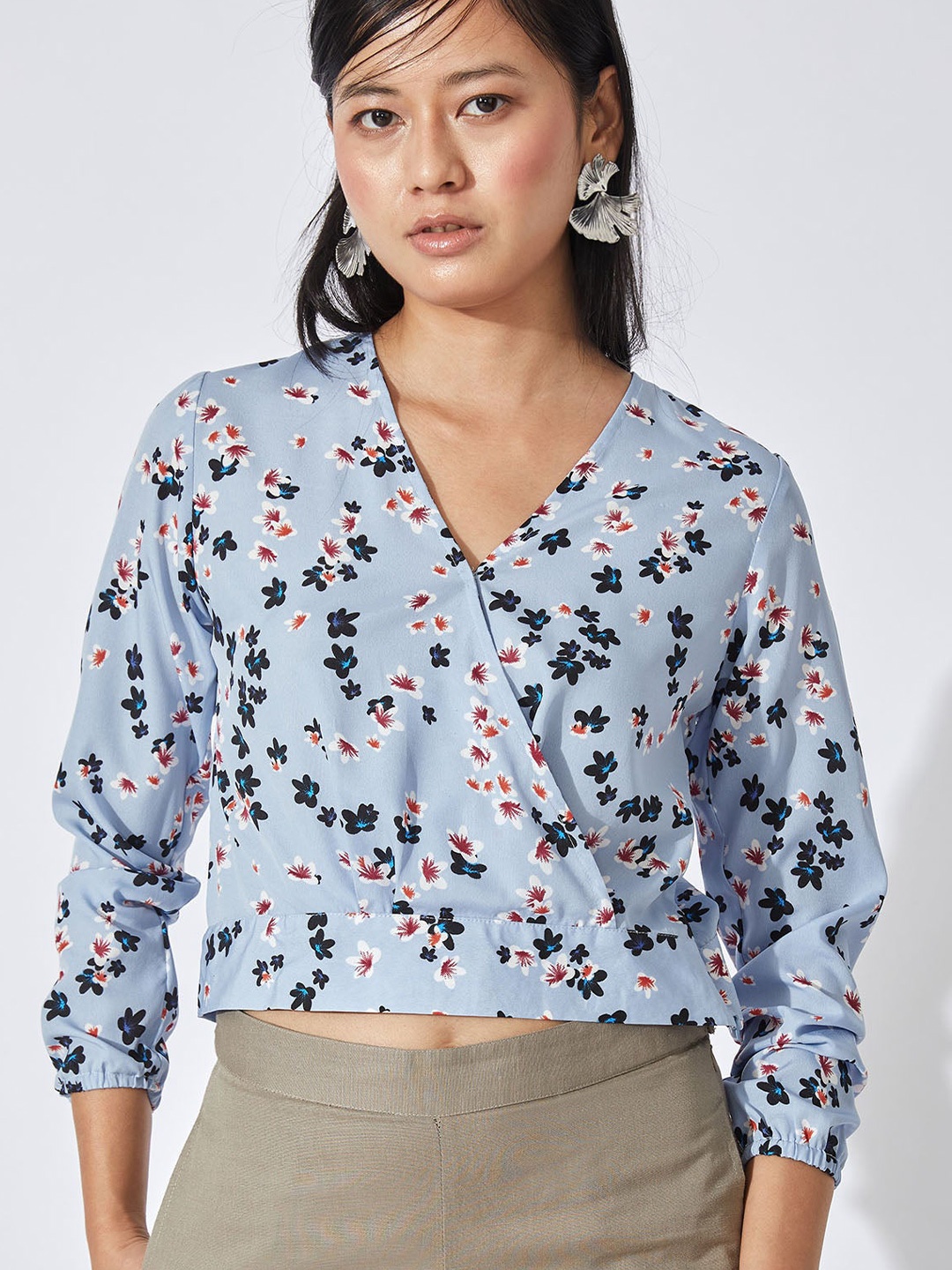 

The Label Life Blue Floral Print Crepe Sakura Overlap Crop Top