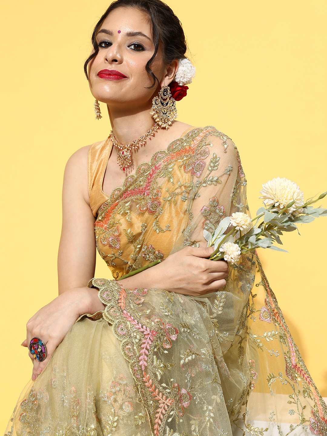 

Chhabra 555 Ethnic Motifs Saree With Embroidered Border, Lime green
