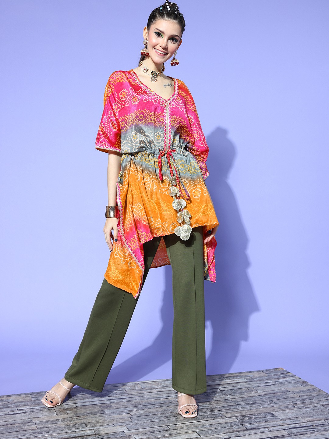 

Rang Gali Women Bright Orange Art Silk Asymmetric Hemline Kurta
