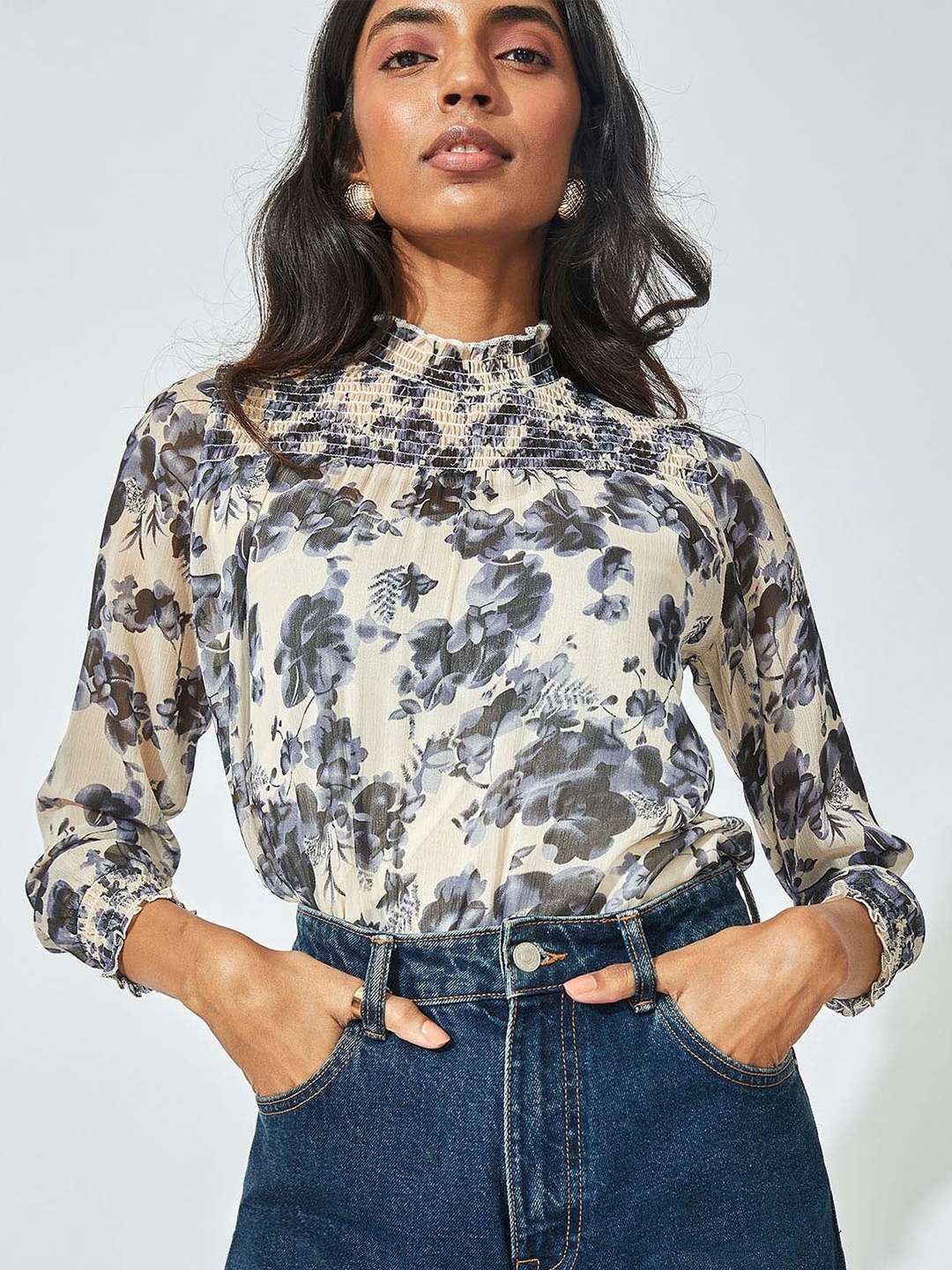 

The Label Life White Ink Floral Print Smocked Chiffon Top