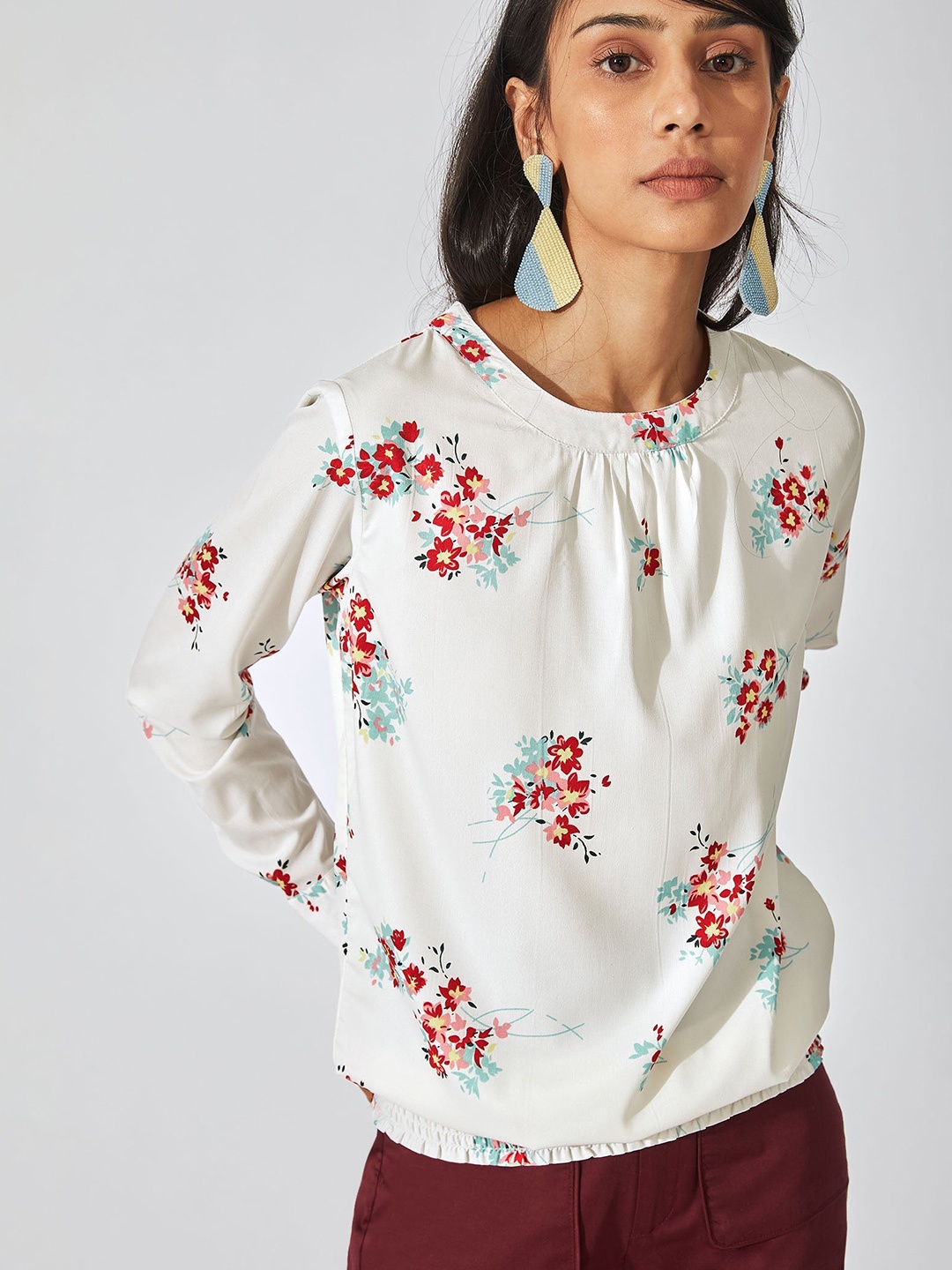 

The Label Life White Floral Print Crepe Chintz Smocked Hem Blouse Top