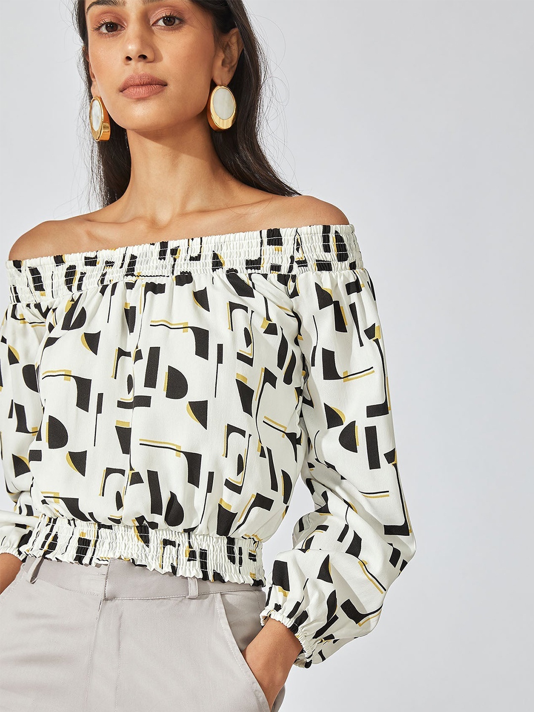 

The Label Life White Monochrome Off Shoulder Crop Top