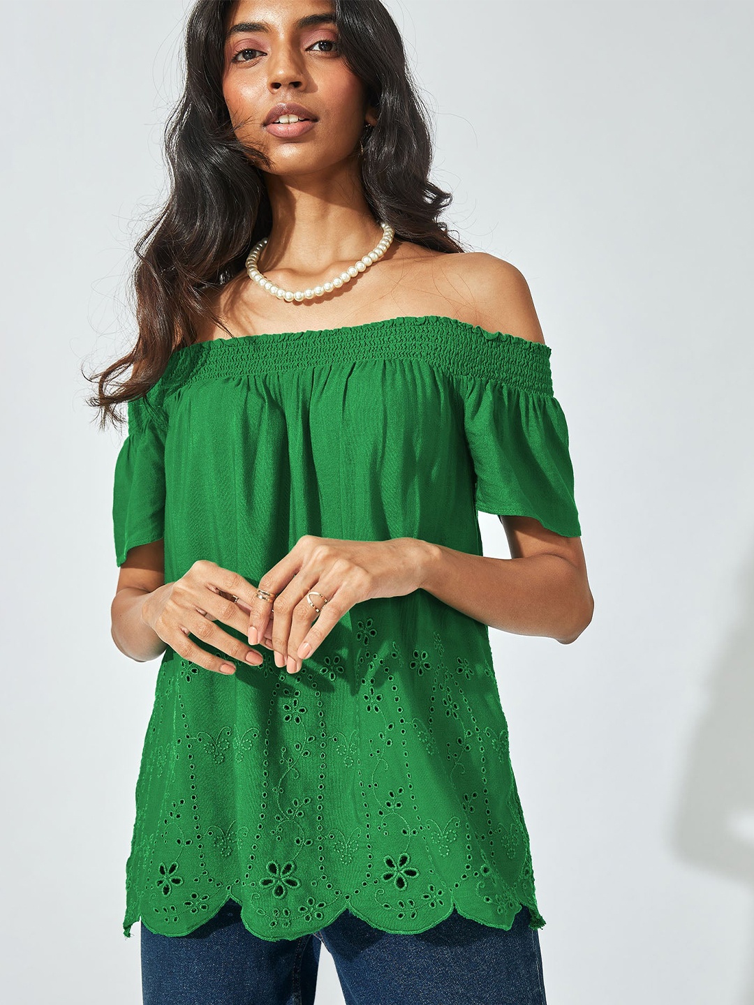 

The Label Life Green Off-Shoulder Schiffli Bardot Top