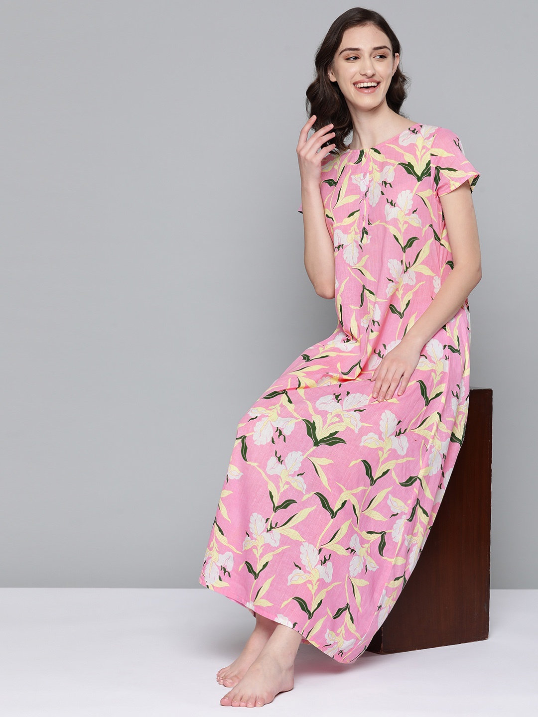 

HERE&NOW Pink Printed Maxi Pure Cotton Nightdress
