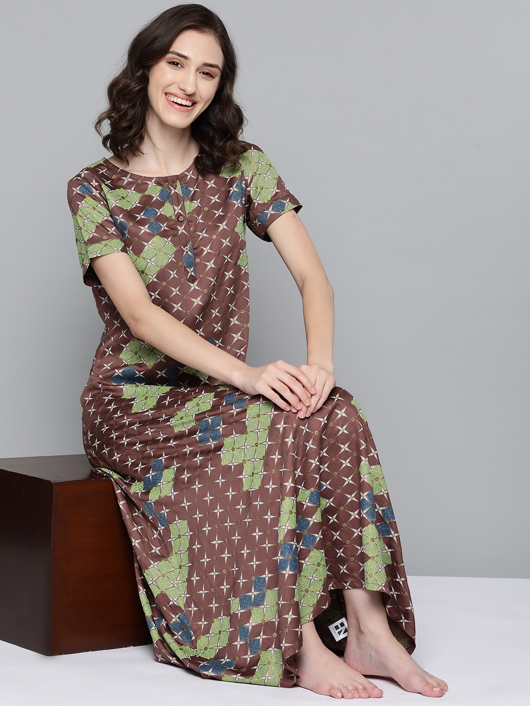 

HERE&NOW Brown Printed Maxi Nightdress
