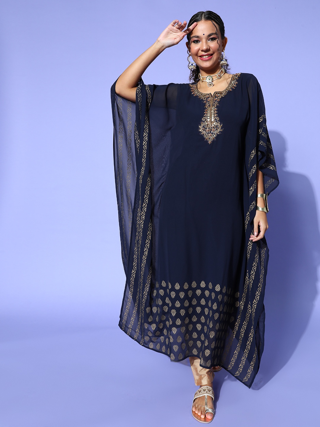 

ZOLA Women Ethnic Motifs Printed Flared Sleeves Georgette Kaftan Kurta, Navy blue