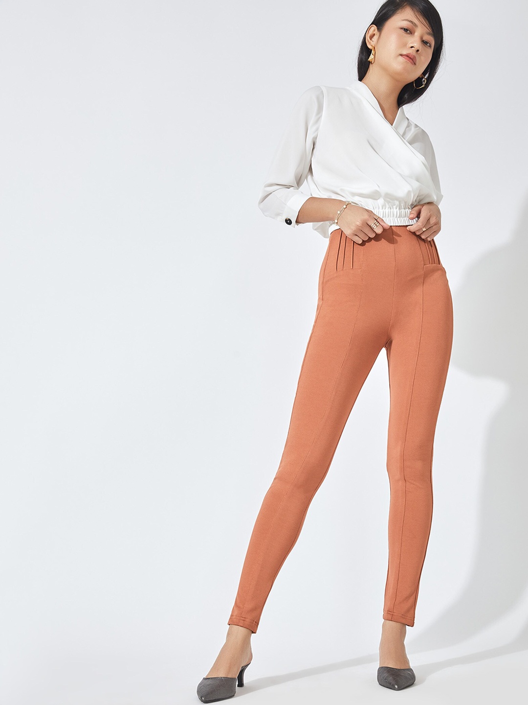 

The Label Life Women Rust Solid Ankle Length Pintuck Leggings