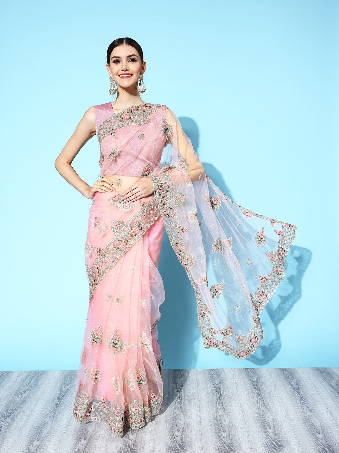 

Chhabra 555 Floral Saree with Embroidered Border, Pink