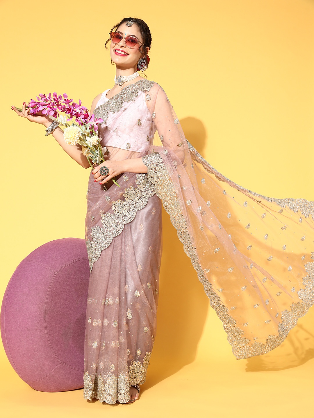

Chhabra 555 Embellished Saree with Embroidered border, Mauve