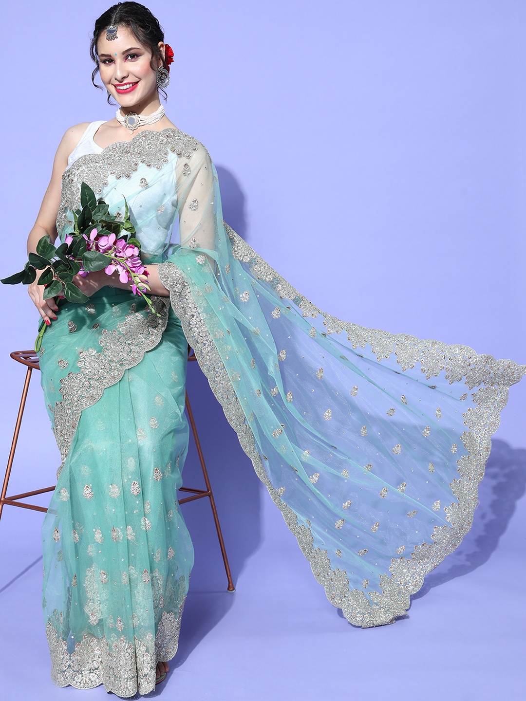 

Chhabra 555 Embellished Saree with Embroidered border, Sea green