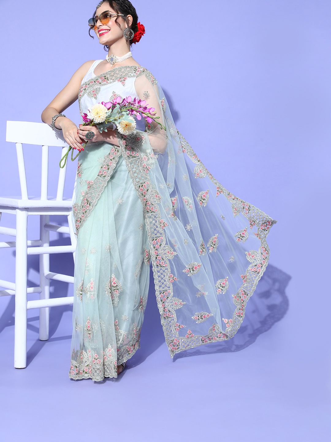 

Chhabra 555 Floral Saree with Embroidered border, Sea green