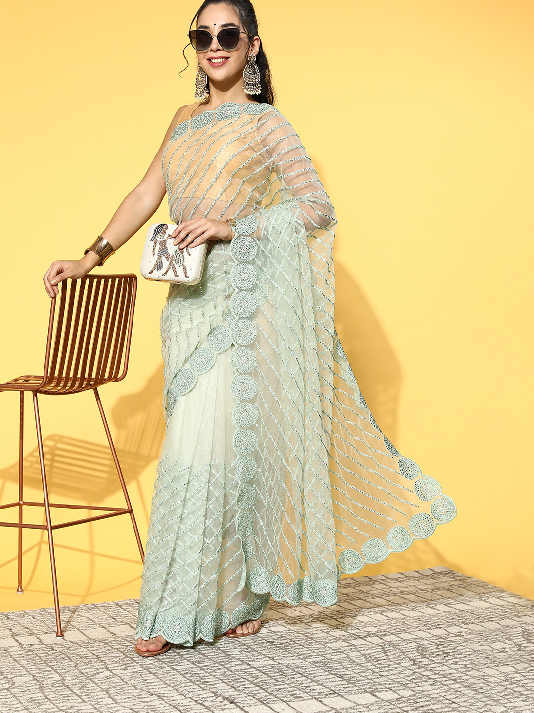 

Chhabra 555 Striped Saree With Embroidered Border, Green