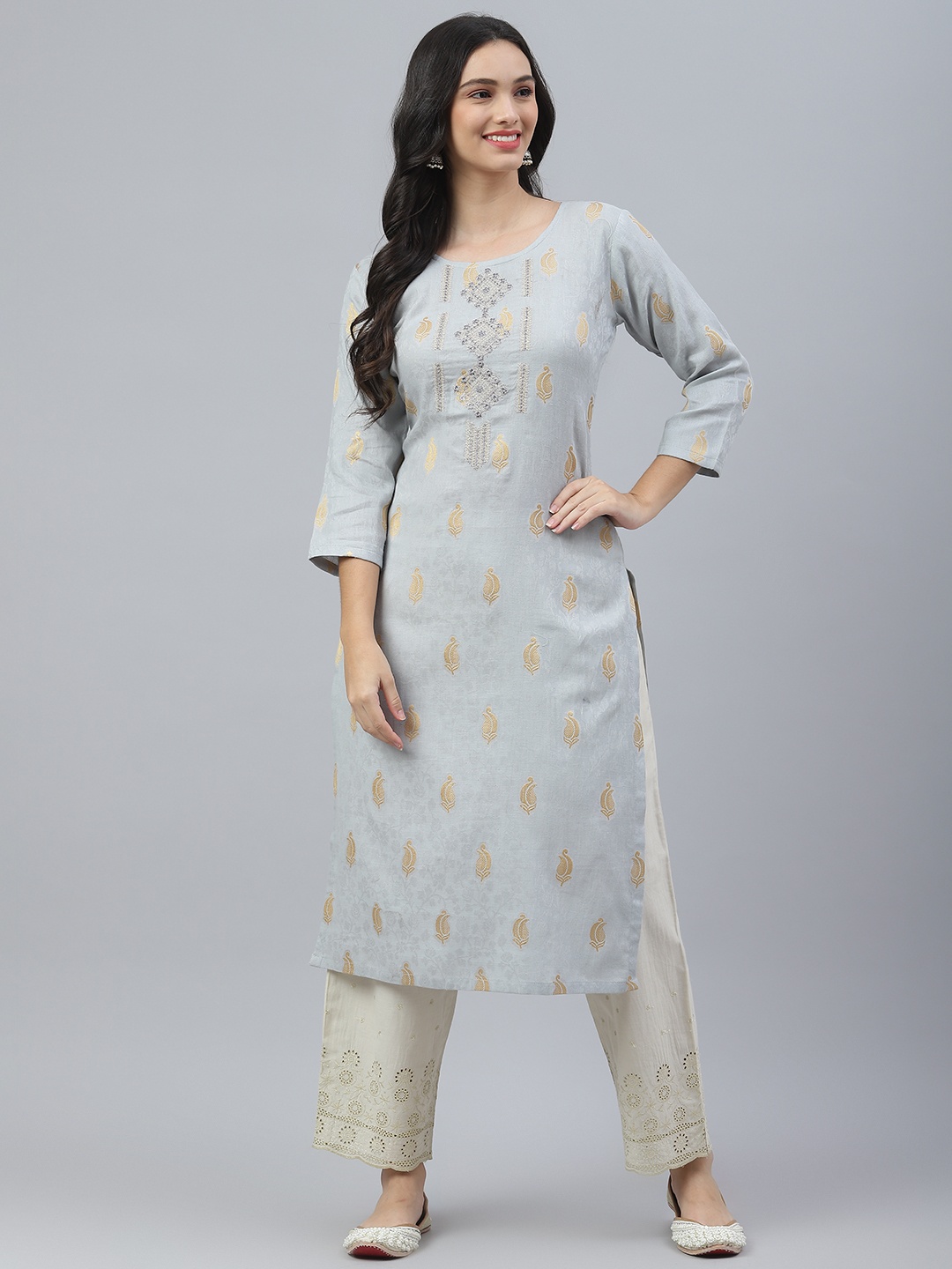 

VAABA Women Grey & Golden Ethnic Motifs Kurta