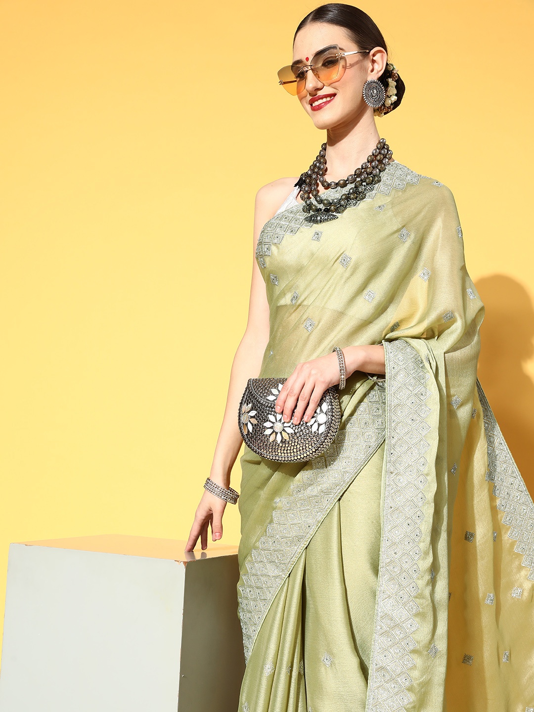 

Chhabra 555 Green & Silver Ethnic Motifs Aari Work Saree