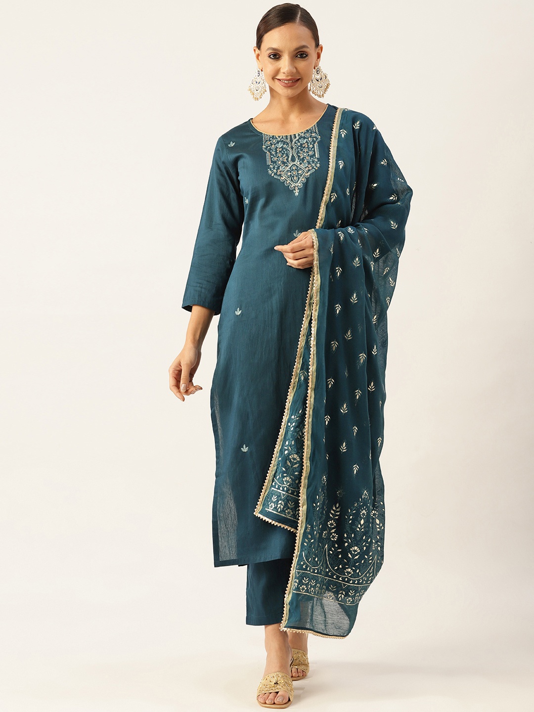 

VAABA Women Teal Ethnic Motifs Yoke Design Thread Work Chanderi Silk Kurta with Trousers & With Dupatta