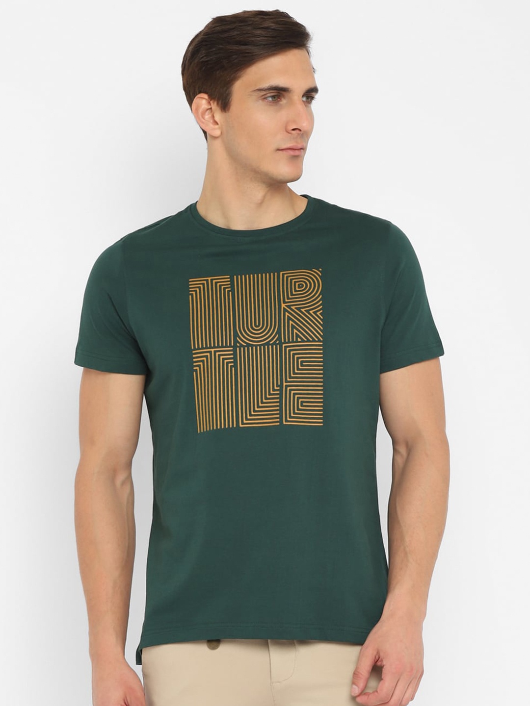 

Turtle Men Olive Green Typography Printed Pure Cotton Slim Fit T-shirt