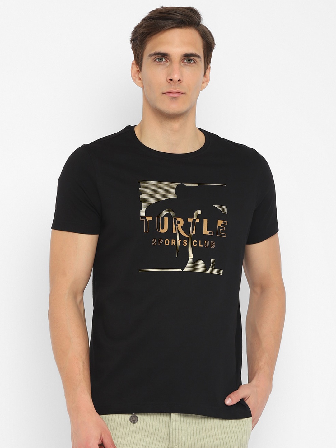 

Turtle Men Black Typography Printed Pure Cotton Applique Slim Fit T-shirt