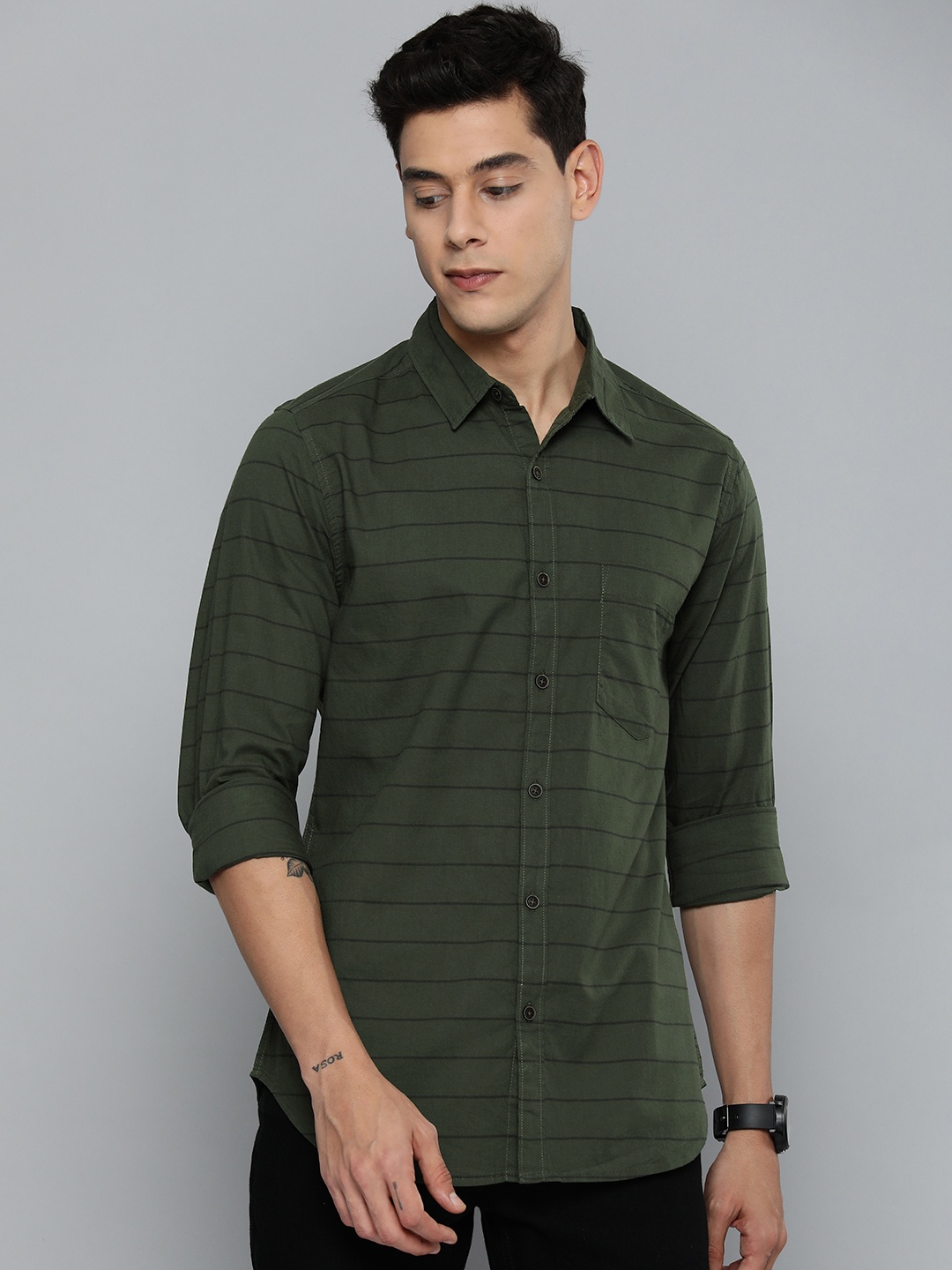 

Harvard Men Green & Black Horizontal Stripes Striped Casual Pure Cotton Shirt