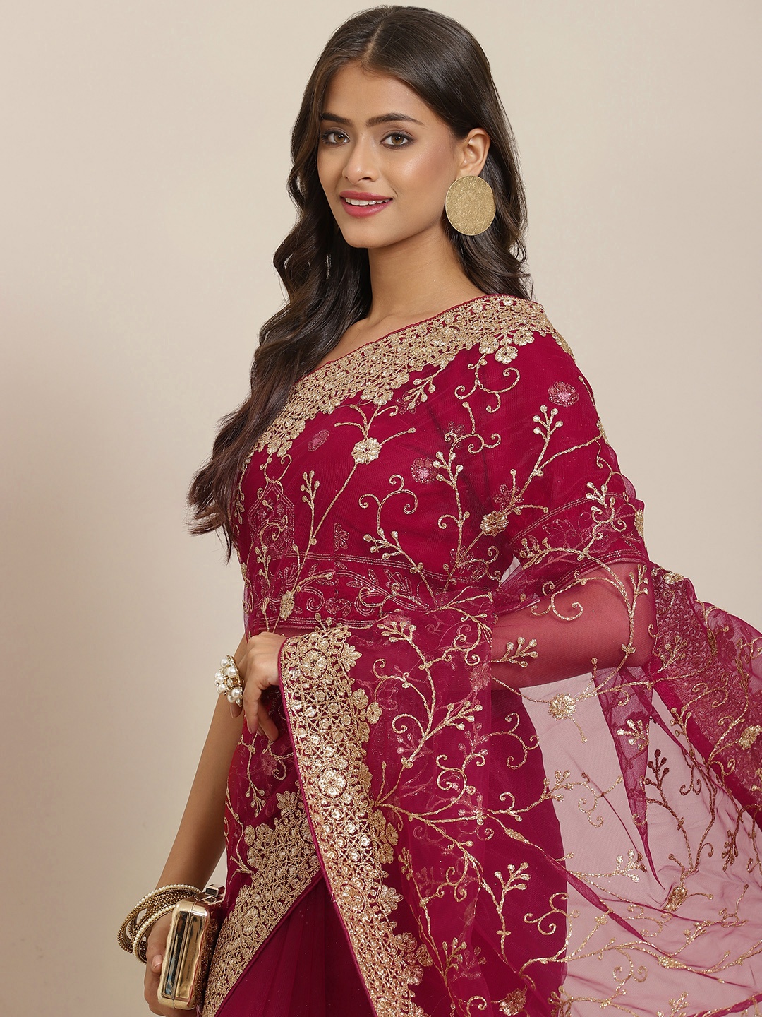 

Chhabra 555 Red & Golden Ethnic Motifs Aari Work Net Heavy Work Saree