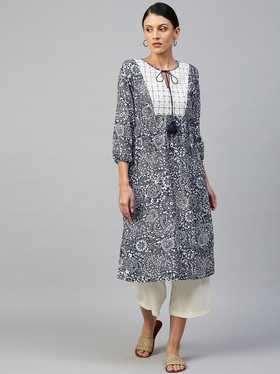 

Modern Indian by CHEMISTRY Women Navy Blue Empire Kurti with Sharara & With Dupatta