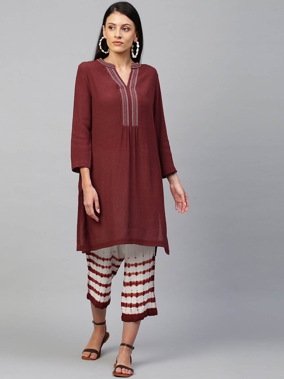 

Modern Indian by CHEMISTRY Women Burgundy Striped Angrakha Kurta with Trousers