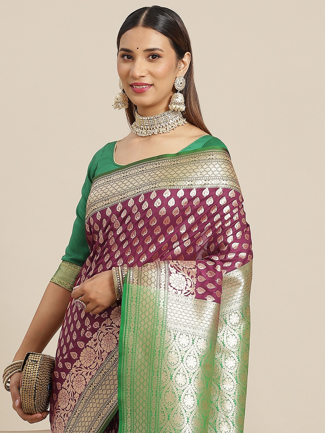 

Chhabra 555 Burgundy & Green Ethnic Motifs Zari Silk Blend Banarasi Saree