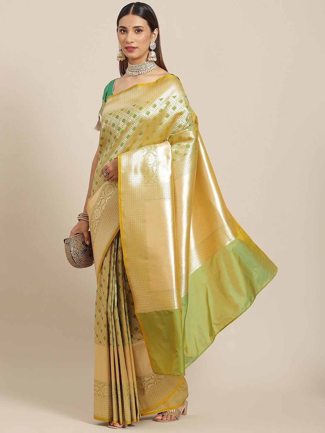 

Chhabra 555 Green & Beige Ethnic Motifs Zari Silk Blend Banarasi Saree