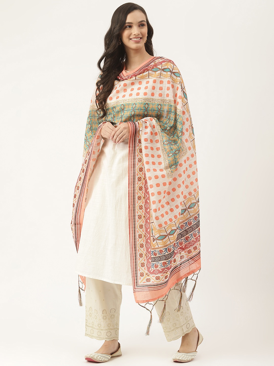 

VAABA Cream-Coloured & Green Ethnic Motifs Printed Dupatta