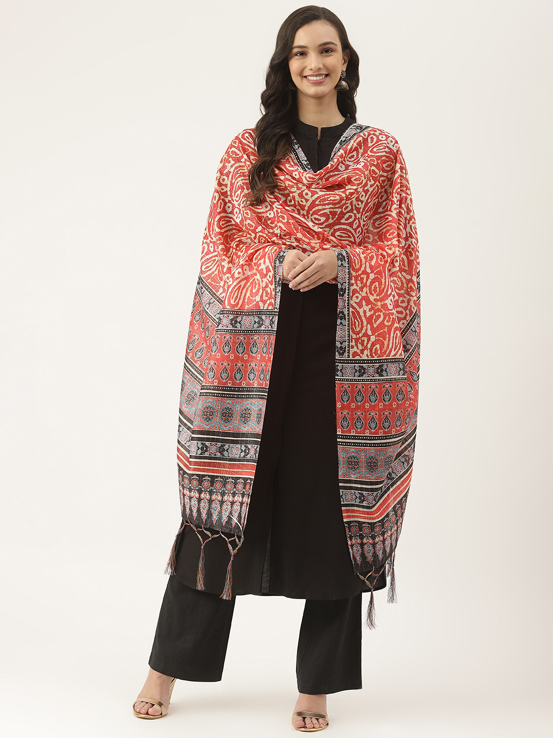 

VAABA Red & Navy Blue Ethnic Motifs Printed Dupatta