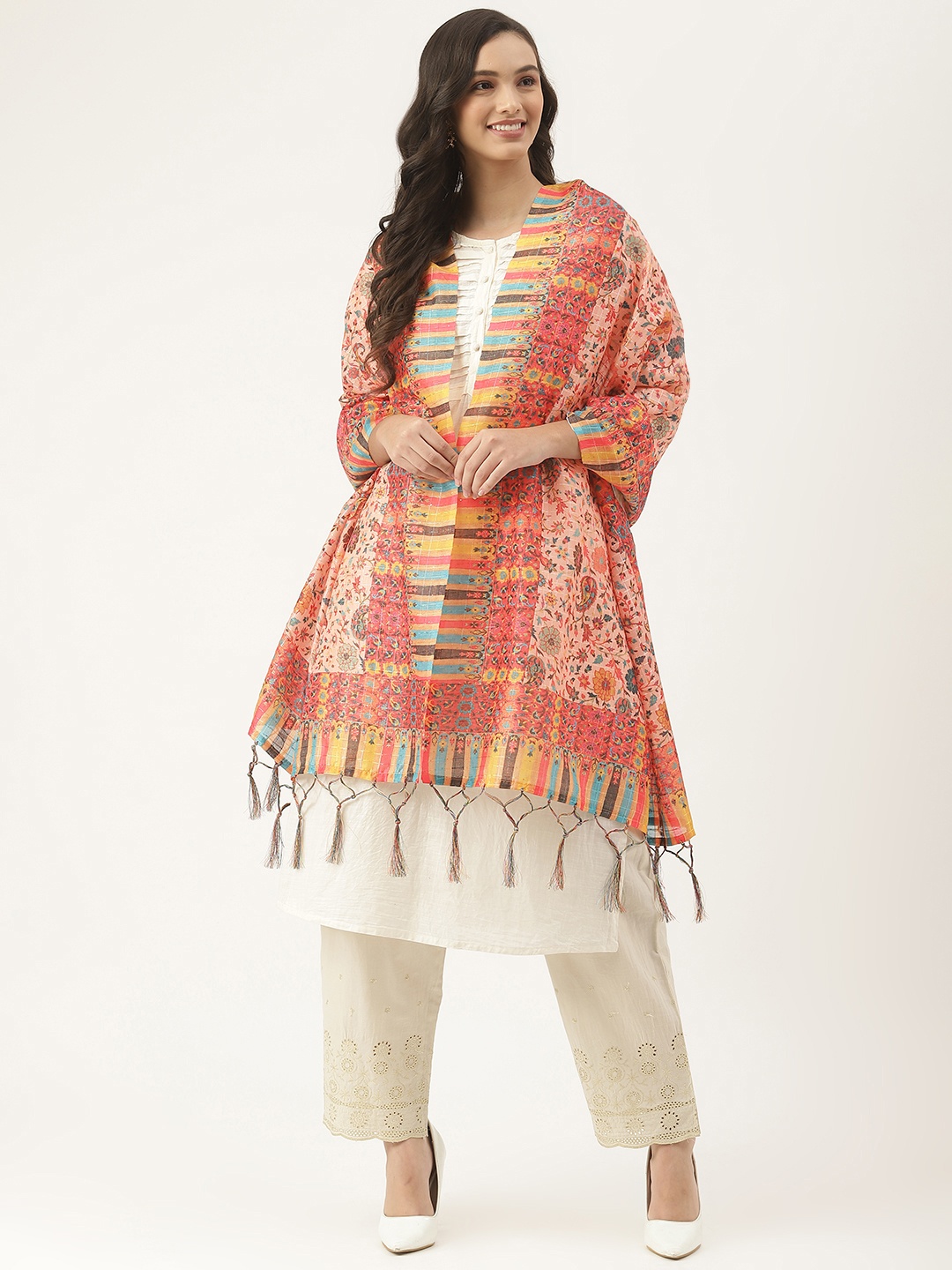 

VAABA Peach-Coloured & Multicoloured Ethnic Motifs Printed Dupatta