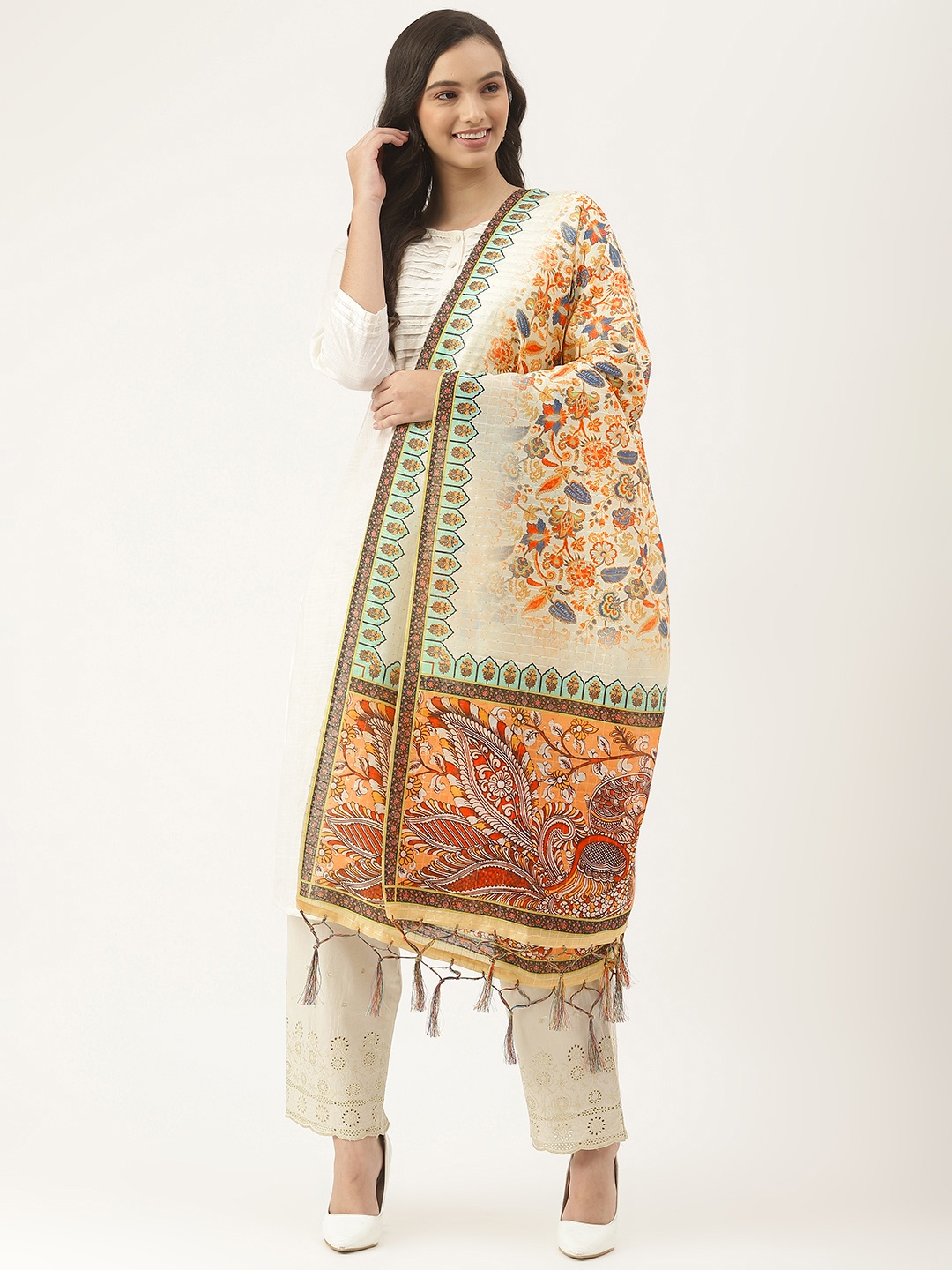 

VAABA Cream-Coloured & Multicoloured Ethnic Motifs Printed Dupatta