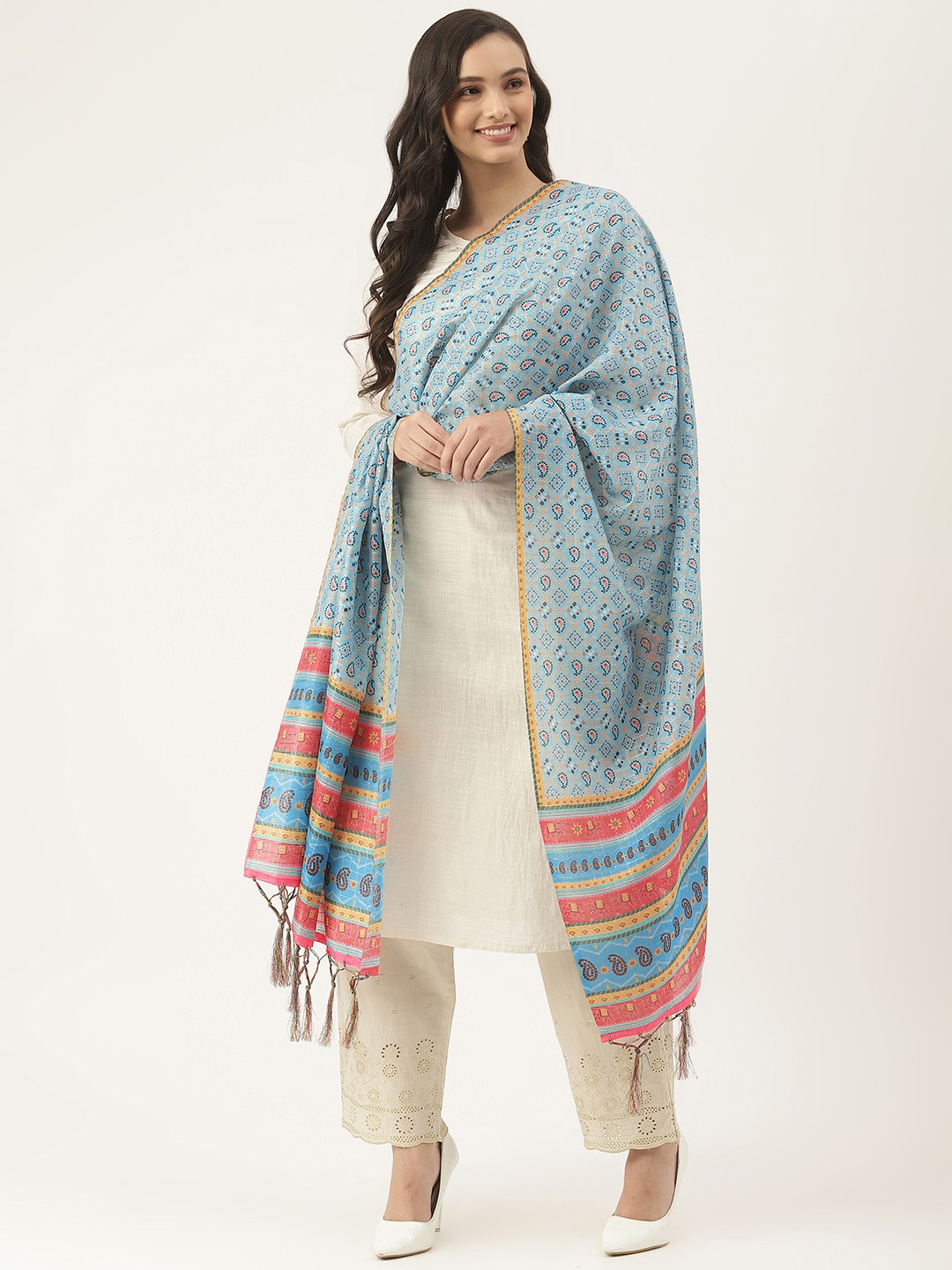 

VAABA Turquoise Blue & Multicoloured Ethnic Motifs Printed Dupatta