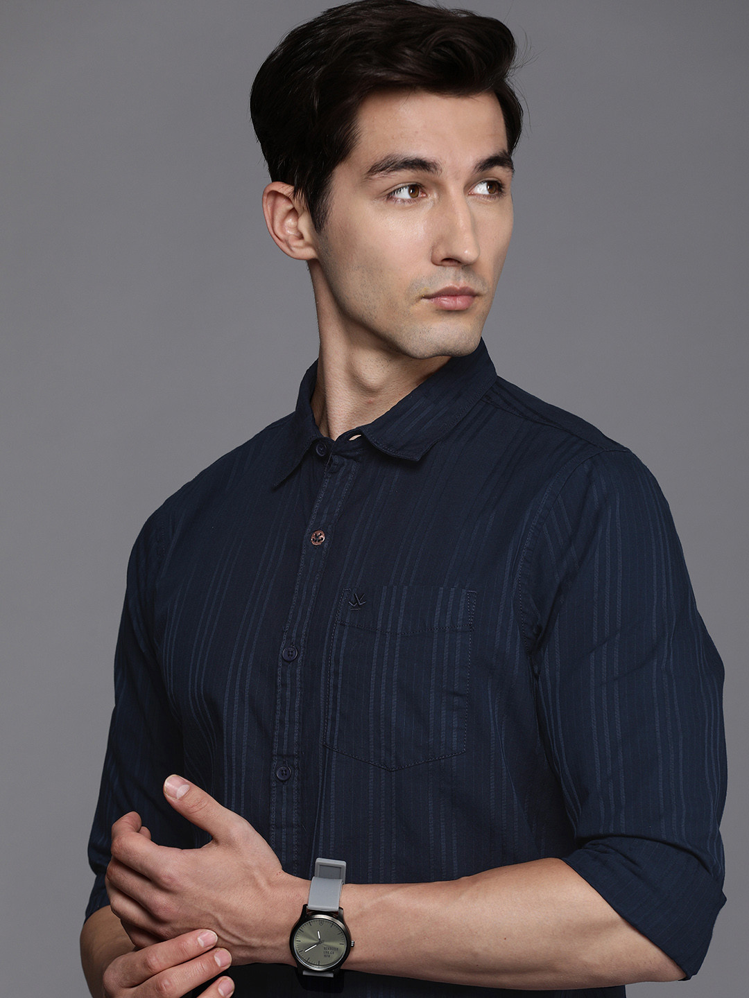 

WROGN Men Blue Self- Design Pure Cotton Slim Fit Casual Shirt