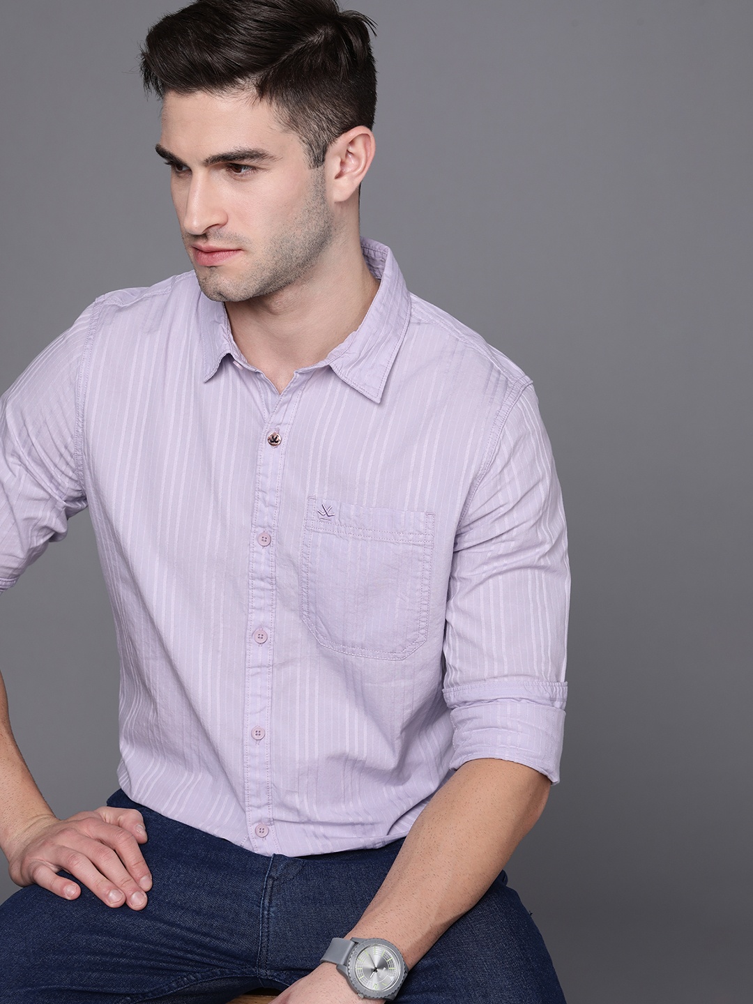 

WROGN Men Lavender Slim Fit Self Striped Casual Shirt