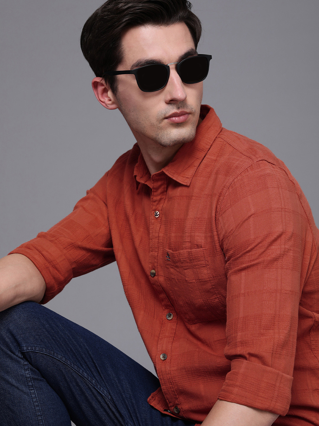 

WROGN Men Rust Red Slim Fit Textured Casual Shirt