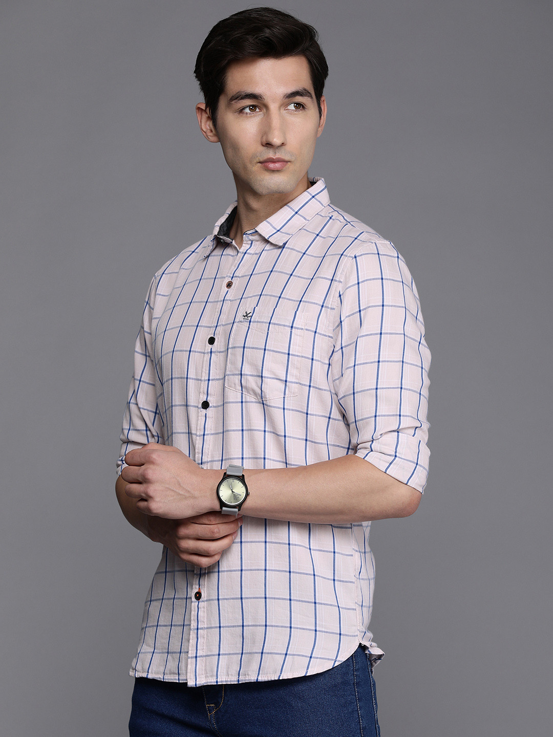 

WROGN Men Pink Slim Fit Checked Pure Cotton Casual Shirt