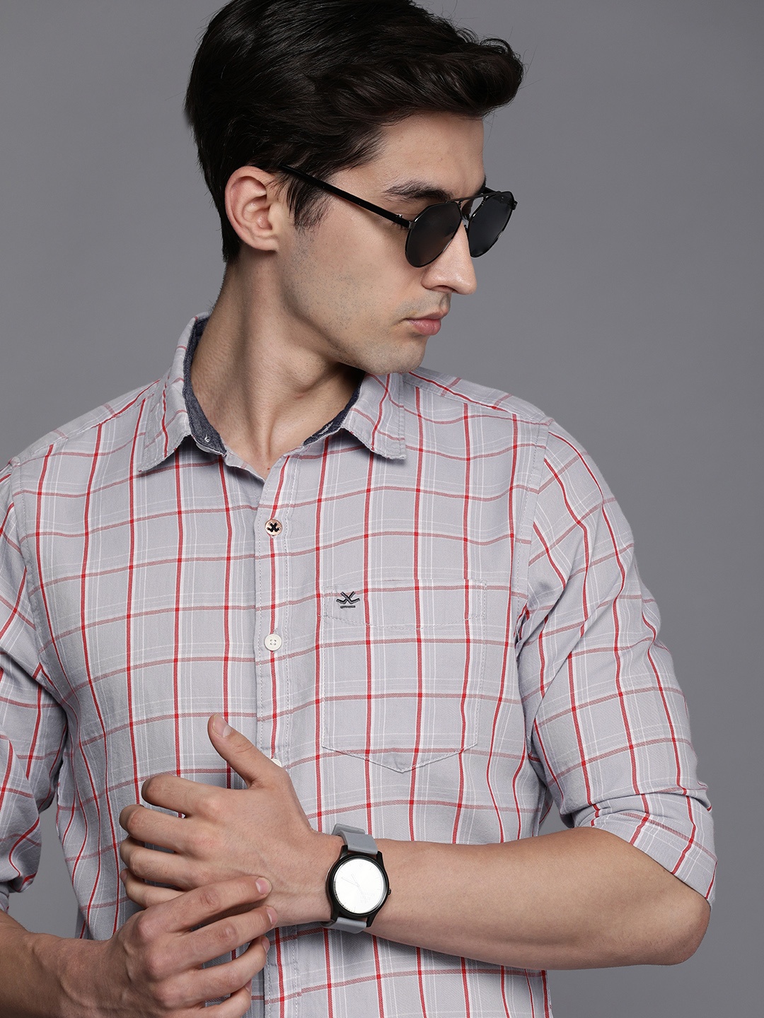 

WROGN Men Grey Slim Fit Checked Pure Cotton Casual Shirt