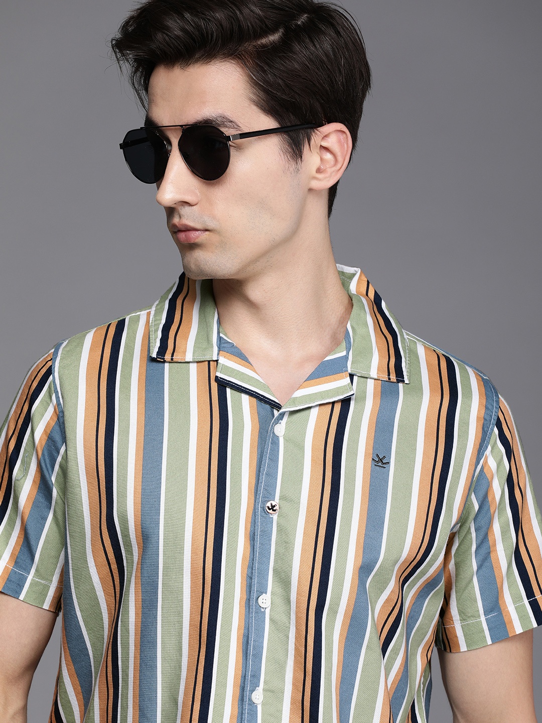 

WROGN Men Yellow Slim Fit Striped Pure Cotton Casual Shirt