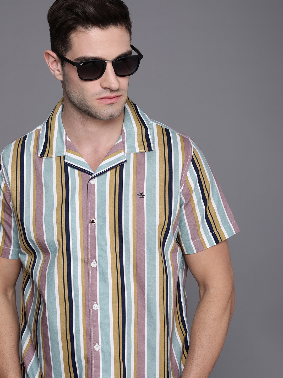 

WROGN Men Multicoloured Slim Fit Striped Cuban Collar Casual Shirt, Multi