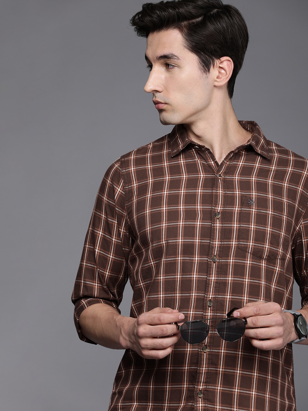 

WROGN Men Brown Slim Fit Checked Pure Cotton Casual Shirt