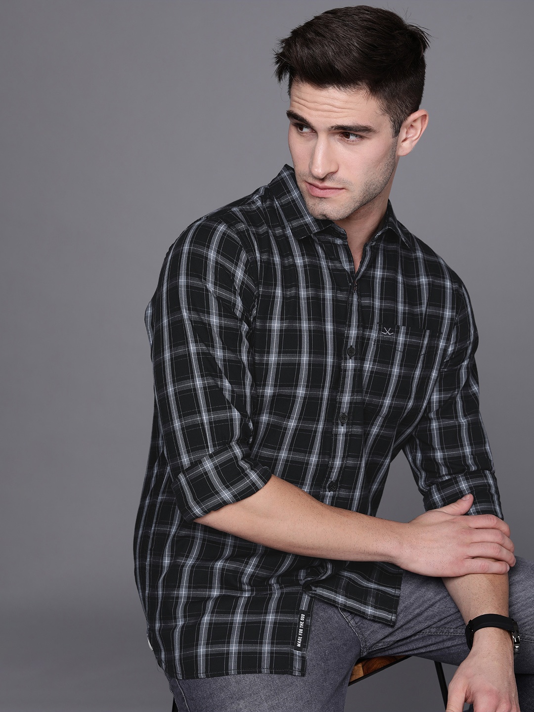 

WROGN Men Black & Grey Tartan Checks Slim Fit Casual Shirt