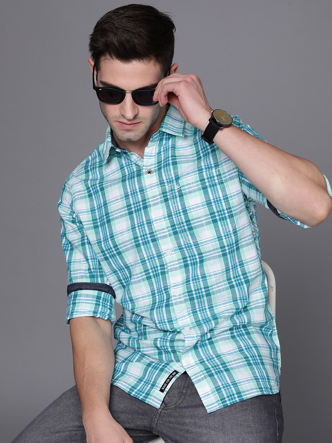 

WROGN Men Teal & Multicolour Tartan Checks Slim Fit Casual Shirt