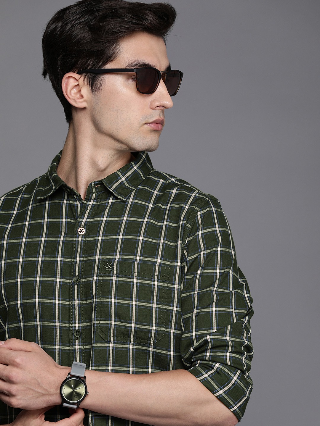 

WROGN Men Olive Green Slim Fit Checked Pure Cotton Casual Shirt