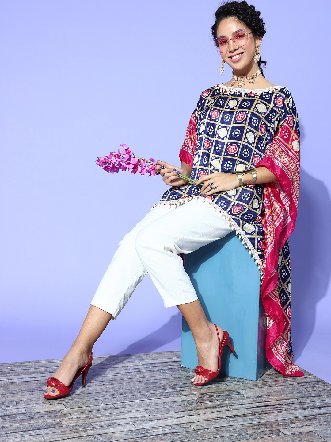 

Rang Gali Navy Blue Ethnic Motifs Asymmetric Hemline Top