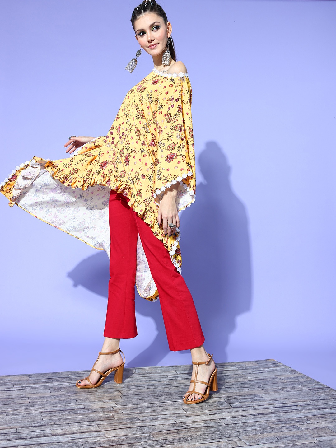 

Rang Gali Bright Yellow Ethnic Motifs Asymmetric Hemline Top