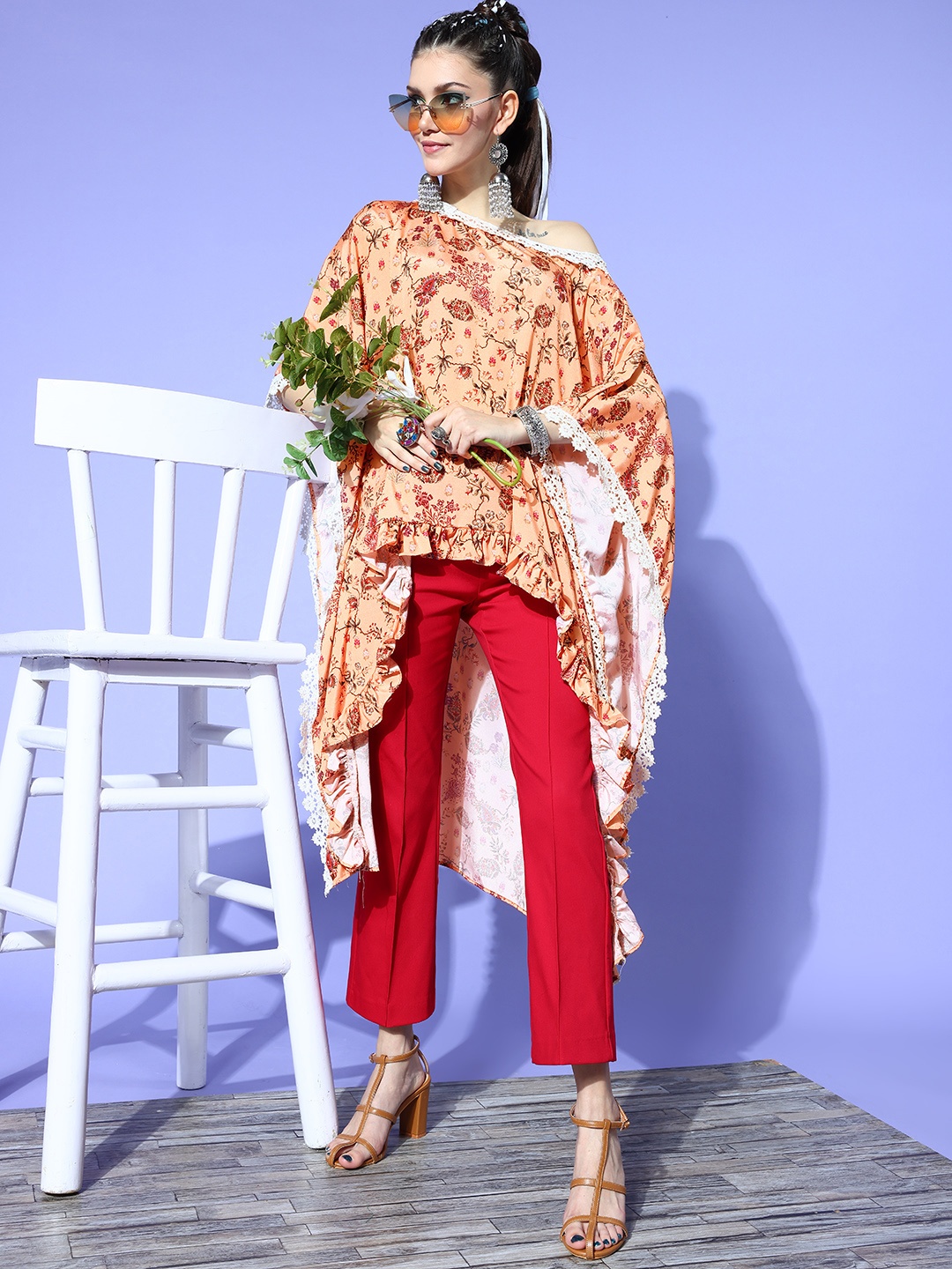 

Rang Gali Orange Ethnic Motifs Asymmetry Top