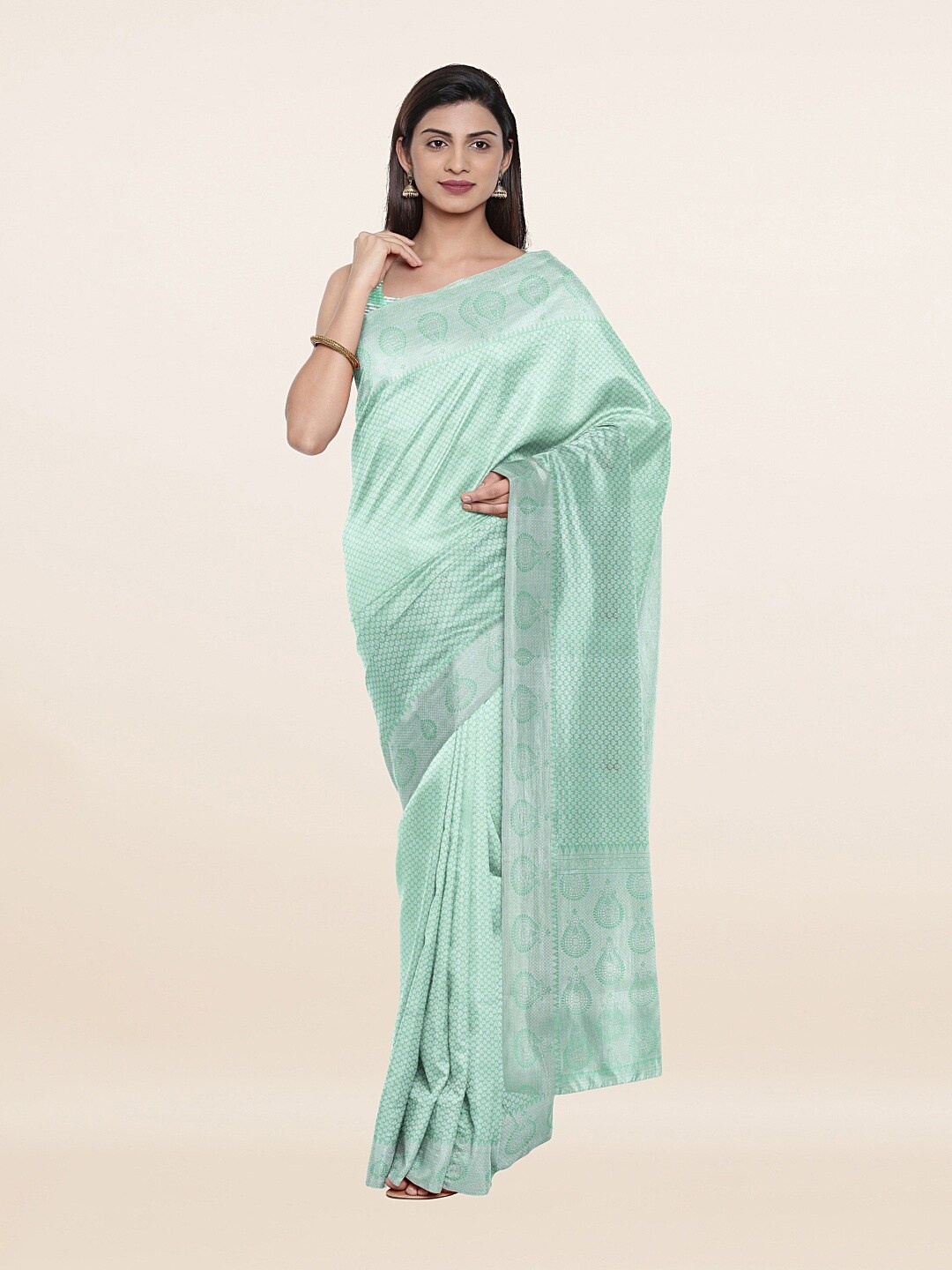 

Pothys Green & Silver-Toned Zari Art Dupion Silk Saree
