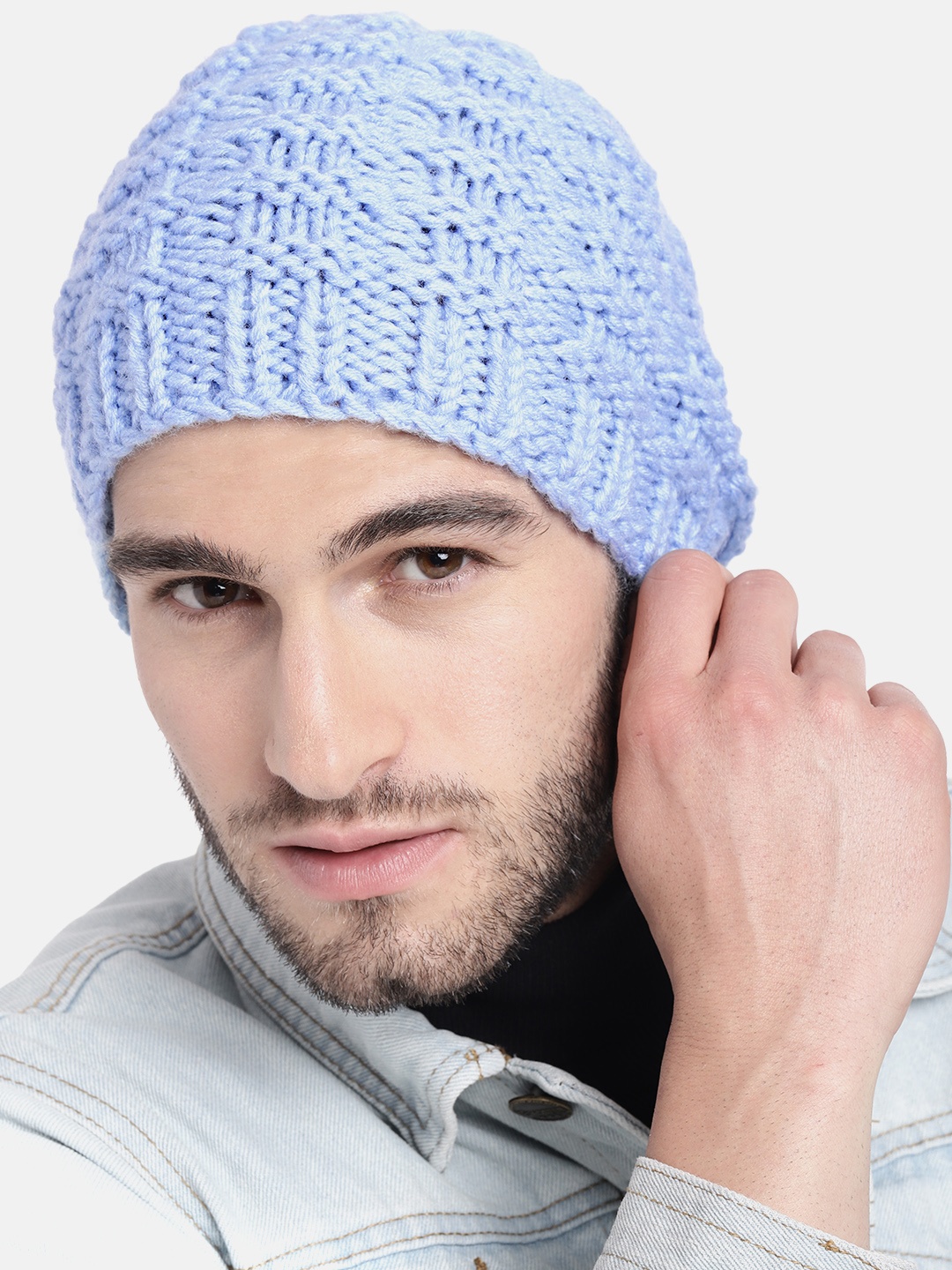

Magic Needles Men Blue Self Design Handmade Beanie