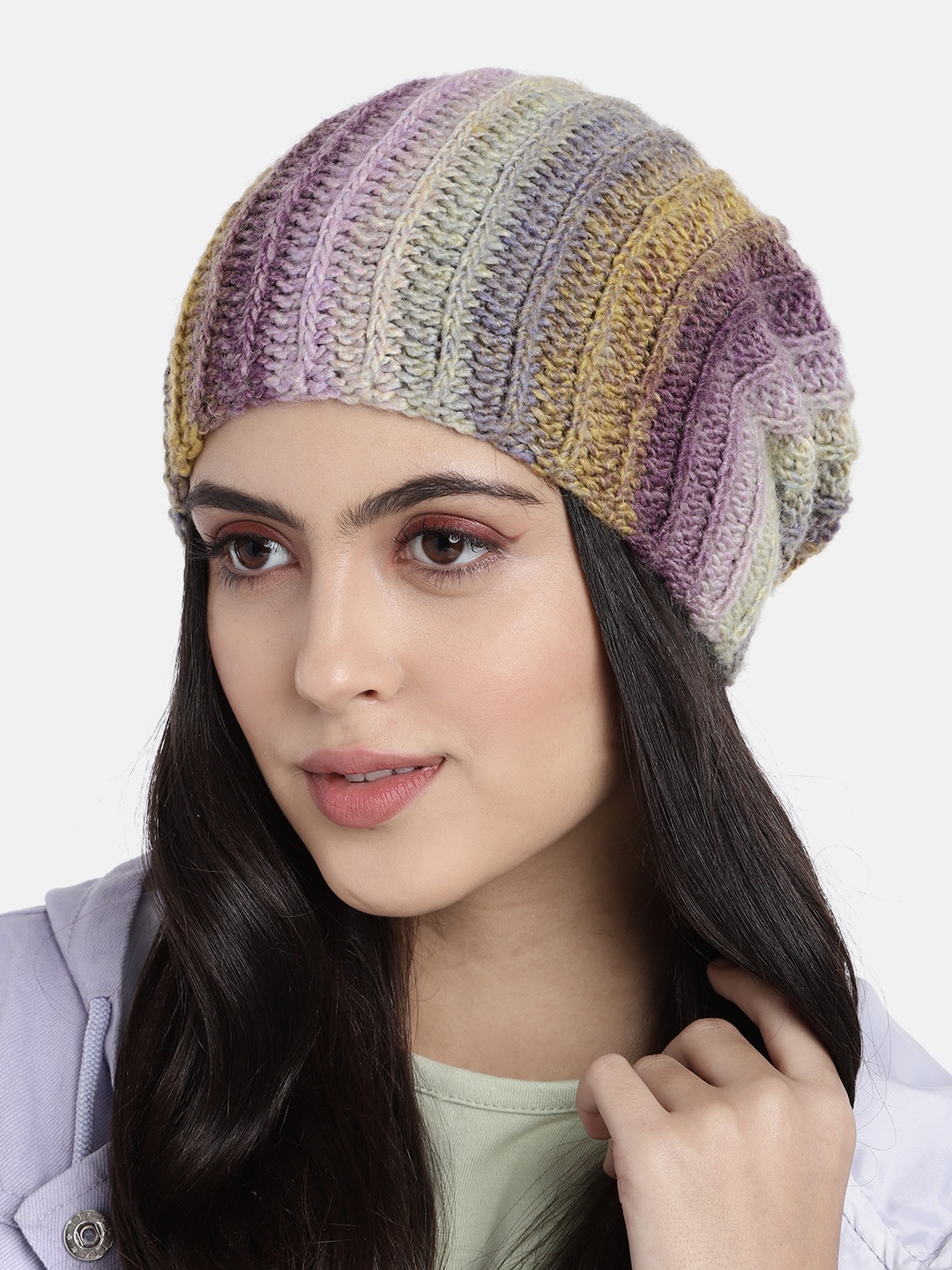

Magic Needles Women Pink & Yellow Self Striped Handmade Beanie