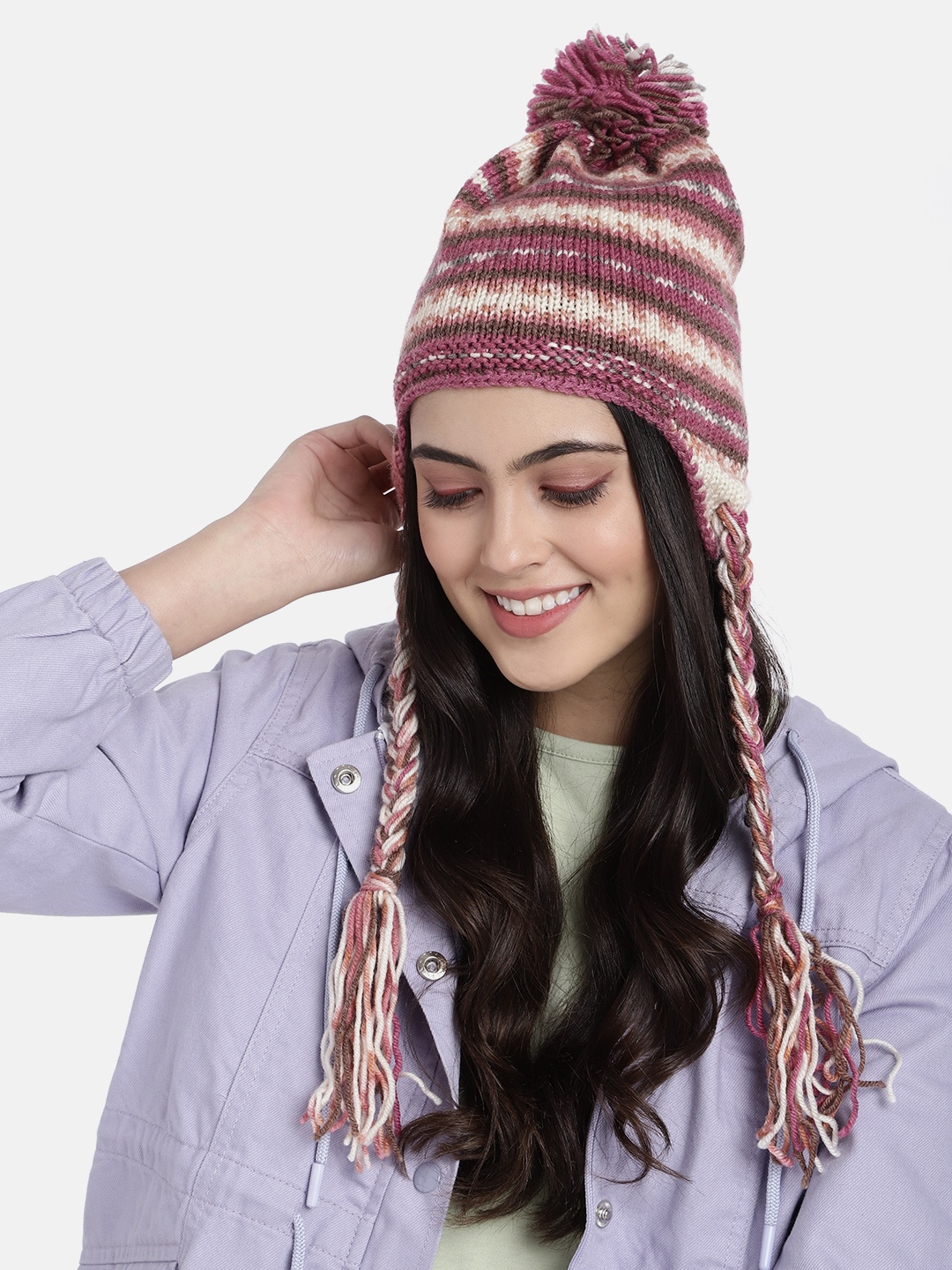 

Magic Needles Women Pink & Cream-Coloured Self Design Handmade Beanie with Tie Knot